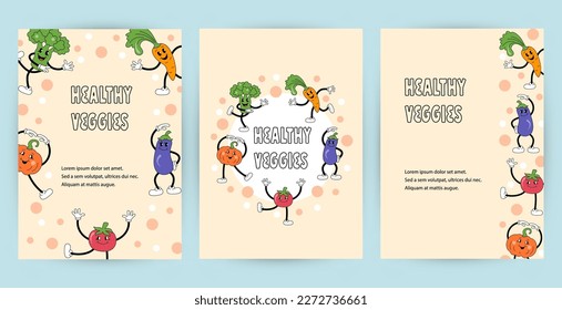 Templates with vegetables are doing exercise or dancing for party invitation, healthy lifestyle poster, fitness event. Retro cartoon characters design. Vector illustration.