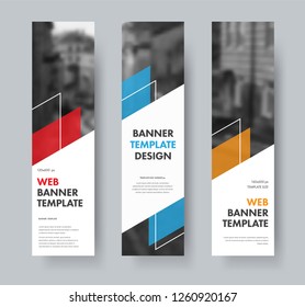 Templates for vertical web banners with diagonal elements for text, color design elements, lines and space for photos. A set of standard size. Vector illustration.