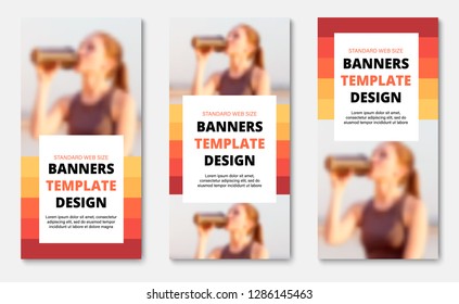 Templates for vertical web banners with place for photo, orange-red lines and white rectangle for text. Design standard size. Vector illustration.