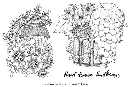 Templates for vintage card with detailed hand drawn zentangle inspired flowers, bird houses and decorative elements. Home, sweet home invitation cards. Floral invites, boho style. Coloring book page.