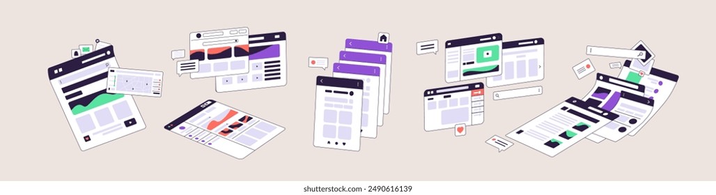 Templates of web application UI set. Design of user interface of mobile app for search information in internet. GUI of screens of online service, website for phone. Flat isolated vector illustrations