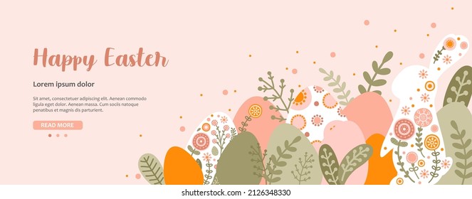 Plantillas banner web con silueta Huevo de Pascua, conejo y flores en colores pastel. Folklore de ilustración adorables huevos primaverales y liebre en estilo plano y espacio para su texto. Vector.