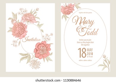 Templates of wedding invitations cards. Decoration with garden flowers peonies, frame pattern. Floral vector illustration set. Vintage engraving. Oriental style. Pink and white.