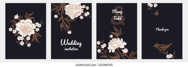 Templates of wedding invitations set. Decoration with birds and garden flowers by peonies. Floral vector illustration. Vintage engraving. Oriental style. Cards with gold foil print.
