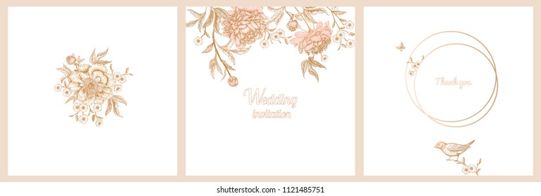 Templates of wedding invitations set. Decoration with birds and garden flowers by peonies. Floral vector illustration. Vintage engraving. Oriental style. Cards with gold foil print.