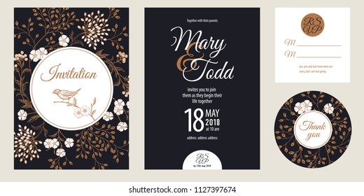 Templates of wedding invitations set. Decoration with garden flowers, tree branches and birds. Floral vector illustration. Vintage engraving. Oriental style. Cards gold foil print on black background