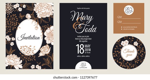 Templates of wedding invitations set. Decoration with garden flowers peonies. Floral vector illustration. Vintage engraving. Oriental style. Cards with gold foil print on black background.