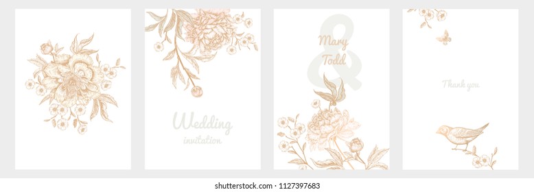 Templates of wedding invitations set. Decoration with birds and garden flowers by peonies. Floral vector illustration. Vintage engraving. Oriental style. Cards with gold foil print.