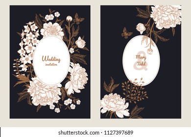 Templates of wedding invitations set. Decoration with butterfly and garden flowers delphinium and peonies. Floral vector illustration. Vintage engraving. Oriental style. Cards with gold foil print.