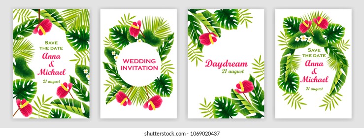 Templates of wedding invitations with a tropical pattern. tropical plants and flowers. vector illustration