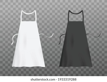 Templates of white and black blank chef textile aprons, realistic vector illustration isolated on transparent background. Restaurant kitchen staff aprons set.