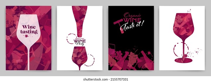 Templates with wine designs. Background hand drawing of wine glasses, bottle, bunches of grapes, vine leaves and drops of wine. Brochures, posters, invitation cards, promotion banners, menus. Vector