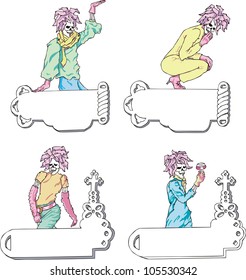 Templates with witches and panels. Set of color vector illustrations.