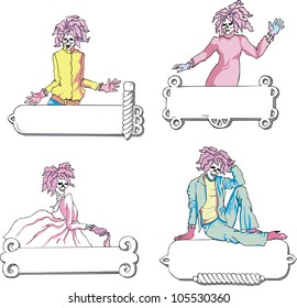 Templates with witches and panels. Set of color vector illustrations.