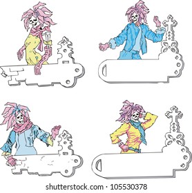 Templates with witches and panels. Set of color vector illustrations.