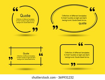 Templates for writing quote. Round square oval rectangular quotes forms on yellow background.