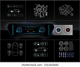 Template-sample car dashboard and the principle of switching modes selector automatic transmission. Black style. The style of the future. Vector image.
