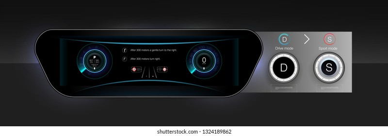 Template-sample Car Dashboard And The Principle Of Switching Modes Selector Automatic Transmission. Black Style. The Style Of The Future. Vector Image.