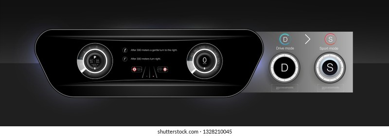 Template-sample car dashboard and the principle of switching modes selector automatic transmission. Black style. The style of the future. Vector image.