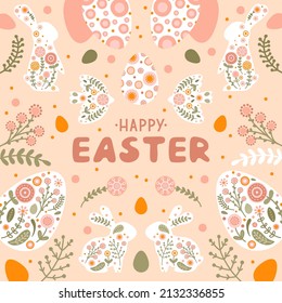 Templatewith silhouette Easter egg, rabbit, bird and flowers in flat style. Illustration cute spring eggs and hare in pastel colors and space for your text. Vector