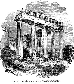Tempel von Aegina, Vorderhöhe des Tempels, Vintage-Gravur.