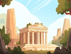The Temple Of Ancient Greek Gods And Goddess In The Mountains And Trees Background, In The Cartoon Style, Vector And Simple, Playful Stylized Shapes, Colorful And Bright Style For Kids, Vector Art