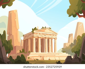 The temple of ancient greek gods and goddess in the mountains and trees background, in the cartoon style, vector and simple, playful stylized shapes, colorful and bright style for kids, vector art