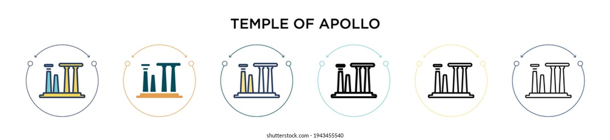 Tempel des Apollo-Ikons in voller, dünner Linie, Umriss und Strich-Stil. Vektorgrafik von zwei farbigen und schwarzen Tempeln von Apollo-Vektorgrafiken-Designs kann für mobile, iPhone-, web-gestützte