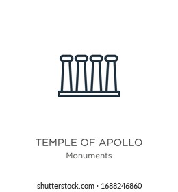 Tempel des Apollo-Ikone. Dünner linearer Tempel der Apolloskultur Symbol einzeln auf weißem Hintergrund aus der Sammlung von Denkmälern. Vektorillustration der Linie, Symbol für Web und Mobilfunk