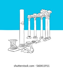 Temple of Apollon, Antalya, Turkey, hand-drawn vector drawing, blue series