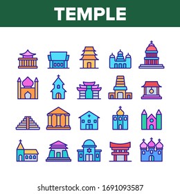 Temple Architecture Building Icons Set Vector. Religion Collection Nation Temple Building, Catholic And Christian Church, Islamic And Buddhism Linear Pictograms. Color Contour Illustrations
