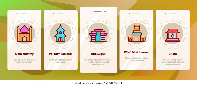 Temple Architecture Building Onboarding Mobile App Page Screen Vector. Religion Collection Nation Temple Building, Catholic And Christian Church, Islamic And Buddhism Illustrations