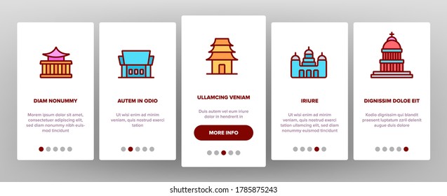 Temple Architecture Building Onboarding Mobile App Page Screen Vector. Religion Collection Nation Temple Building, Catholic And Christian Church, Islamic And Buddhism Illustrations