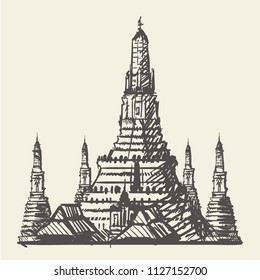 Temple in Bangkok(Thailand) hand-drawing,ector illustration.Wat Arun in Bangkok.