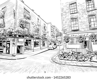 Temple Bar. Dublin, Ireland. Old dublin district. Urban sketch. Hand drawn vector illustration