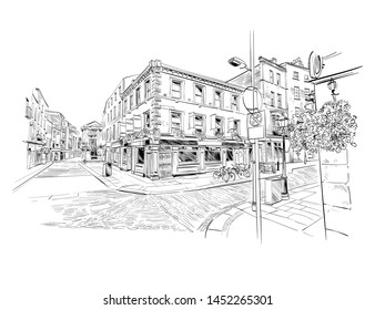 Temple Bar. Dublin, Ireland. Old dublin district. Urban sketch. Hand drawn vector illustration