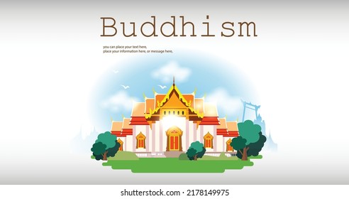 Antecedentes de los vectores del cielo azul y templo - Magha Puja, Asanha Puja, Vesak Puja Day, concepto de fiesta budista. Cultura de Tailandia