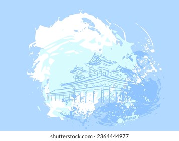 temple buddhism shintoism blue white pastel japanese chinese traditional vector illustration card background colorful watercolor ink textured korean