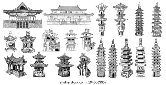 Temple or Buddhist monastery shrine architecture. Chinese and Japanese pagoda and watch towers. Japan street lamp Toro. Tree house for jungles. Set of religious Asian architecture. Vector.