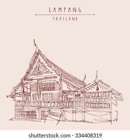 A temple building in Lampang, Northern Thailand. Hand drawn postcard. Vector illustration