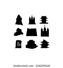 Temple building silhouette set icon