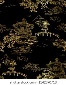 temple building view blidge fish garden vector japanese chinese seamless pattern design gold black