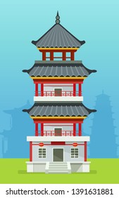 Temple china typical Chinese building town design house urban city landscape. Travel to China traditional chinese townscape of street with pagoda and lanterns.Architecture asian chinese town building