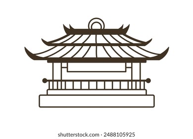 Temple, Chinese pagoda roof. Line art ancient building in China. Asian traditional architecture, lineart contour icon. Oriental landmark. Linear flat vector illustration isolated on white background