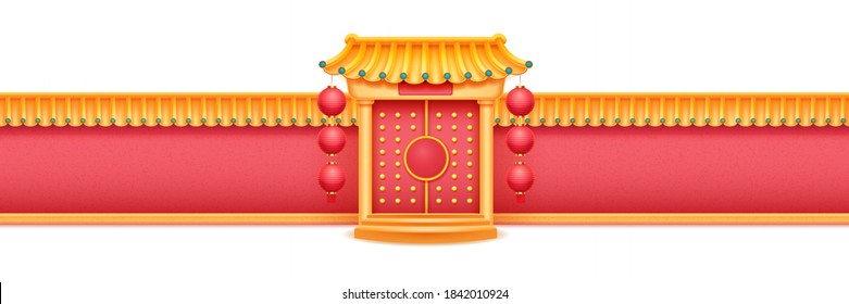 Temple with columns, lantern and gate with steps, surrounding wall with bamboo roof vector building in Chinese style. China, Korea and Japan architecture, pagoda ancient oriental palace, pavilion