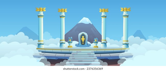 Temple with columns on top of the mountain. Ancient architecture, golden columns, stone steps, fresco with an amphora, healing spring, fountain. Temple in the clouds, fantasy, cartoon vector.