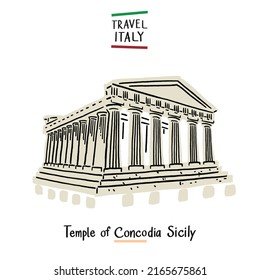 Temple of Concordia Sicily Italy landmark Hand drawn color Illustration