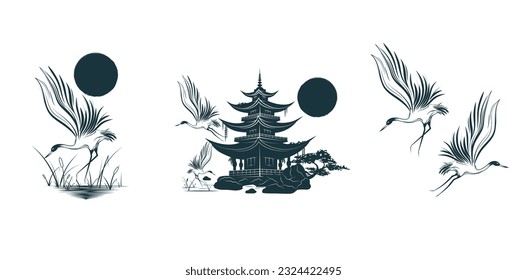 Temple, crane and bonsai tree under the sun. Three japanese arts for t-shirt, tattoo, print and stickers. Hand drawn vector illustration isolated on white background.