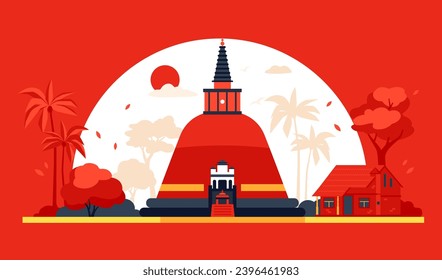 Temple of the Dagoba - modern colored vector illustration with sights of Sri Lanka. Against the backdrop of setting sun and autumn landscape stands a Buddhist stupa building. Historical heritage