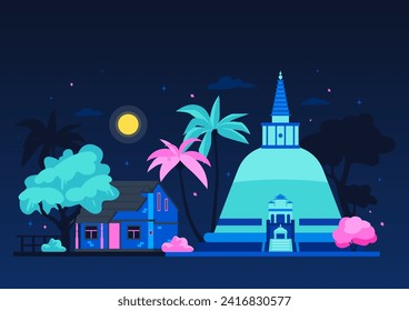 Tempel der Dagoba - moderne, farbige Vektorgrafik mit Sehenswürdigkeiten Sri Lankas. Vor dem Hintergrund der Nacht steht Asien ein buddhistisches Duma-Gebäude und ein Holzhaus. Historisches Erbe